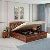 Moon Solid Sheesham Wood Hydraulic Bed With Box Storage (King Size, Natural Finish)